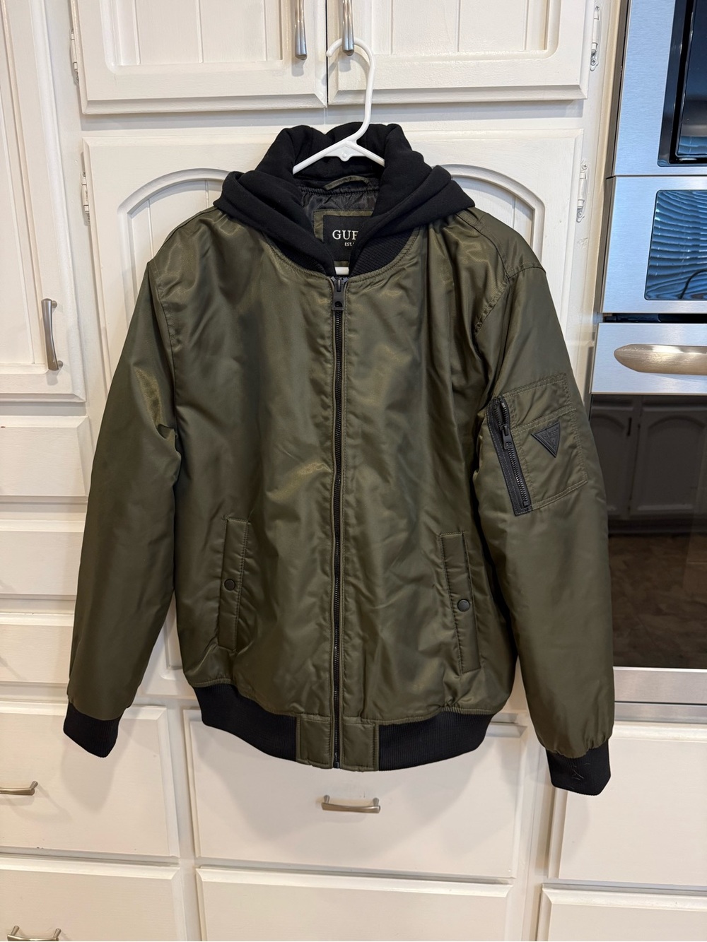GUESS Olive Green Bomber Jacket with Black Hooded Layer | Size: Large